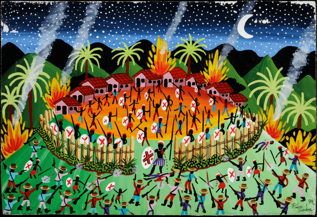 Fábio Sombra, A invasão do Quilombo dos Palmares, 1999, acrílica s_ tela e eucatex, 37 x 54